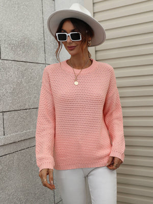 Drop Shoulder Round Neck Ribbed Cuff Sweater