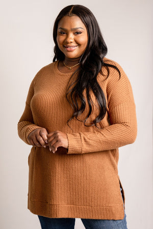Zenana Full Size Round Neck Waffle-Knit Slit Tunic Sweater