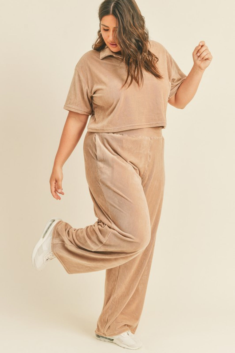 Kimberly C Full Size Cropped Polo Shirt and Wide Leg Pants Set in Taupe