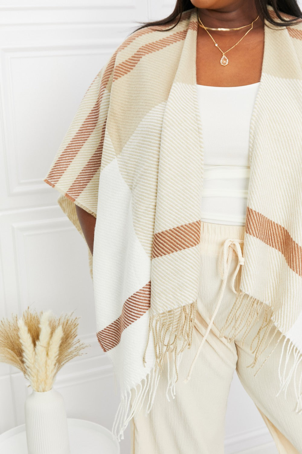 Leto Striped Fringe Detail Open Front Poncho