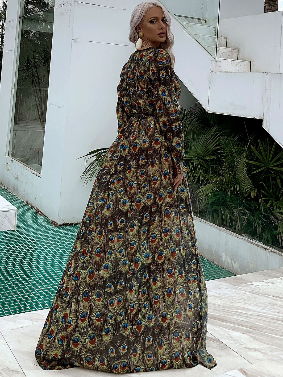 Peacock Print Tie-Waist Long Sleeve Dress