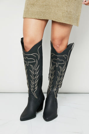 Qupid Cheyenne Nights Embroidered Knee High Cowboy Boots in Black