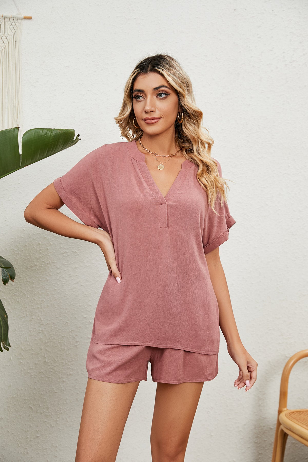 Notched Neck Top and Paperbag Waist Shorts Lounge Set