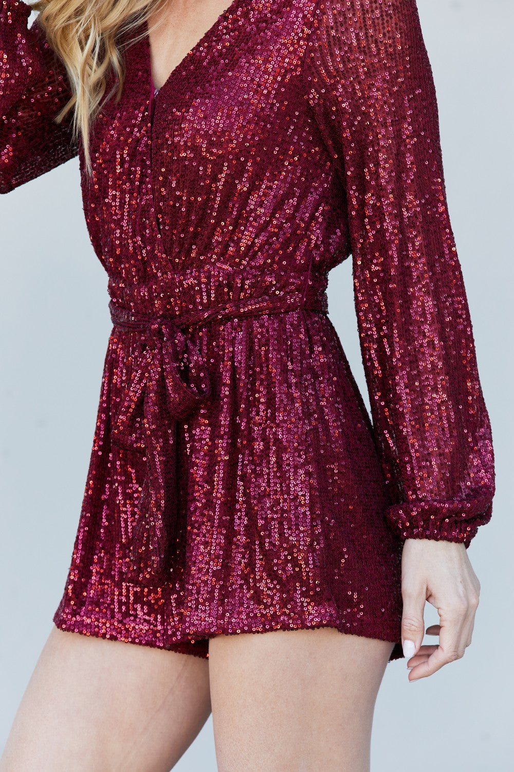 Haptics Full Size Sequin Belted V-Neck Romper