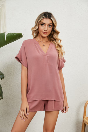 Notched Neck Top and Paperbag Waist Shorts Lounge Set