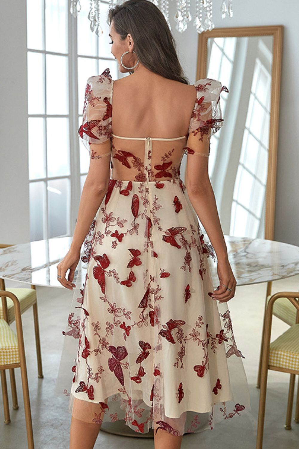 Butterfly Embroidery Puff Sleeve Midi Dress