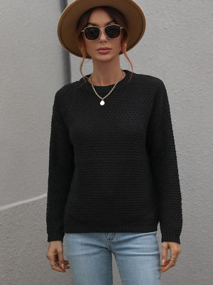 Drop Shoulder Round Neck Ribbed Cuff Sweater