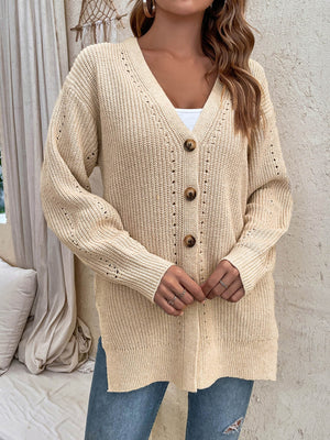 Button-Up Side Slit Drop Shoulder Cardigan