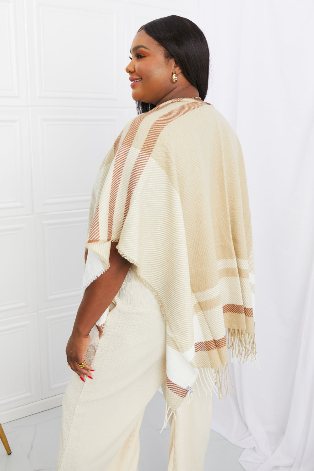 Leto Striped Fringe Detail Open Front Poncho