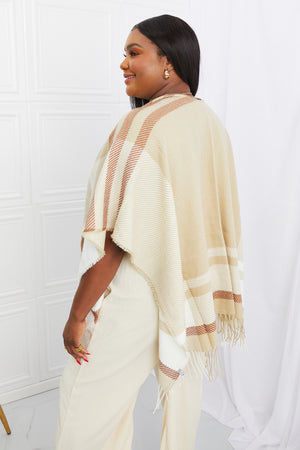 Leto Striped Fringe Detail Open Front Poncho