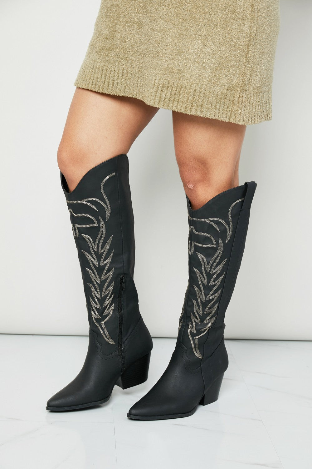 Qupid Cheyenne Nights Embroidered Knee High Cowboy Boots in Black