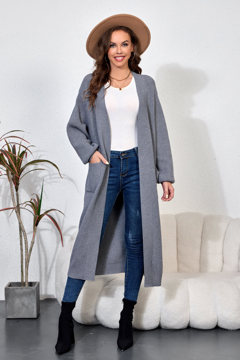 Open Front Duster Cardigan with Double Pockets