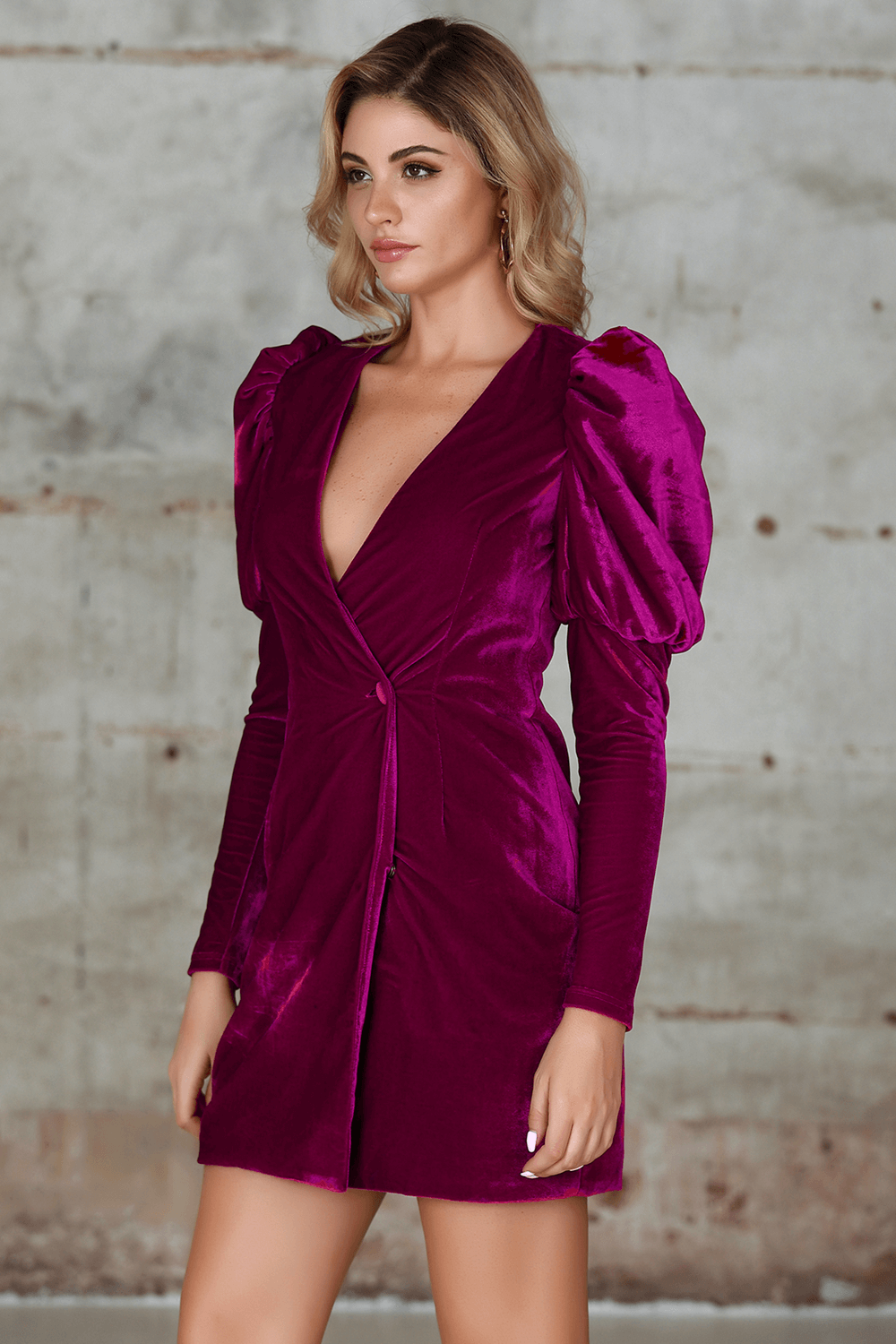 One-Button Lantern Sleeve Velvet Dress