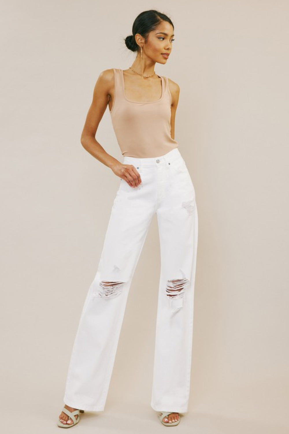 Kancan High-Rise Distressed Flare Jeans in White
