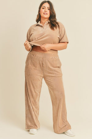 Kimberly C Full Size Cropped Polo Shirt and Wide Leg Pants Set in Taupe