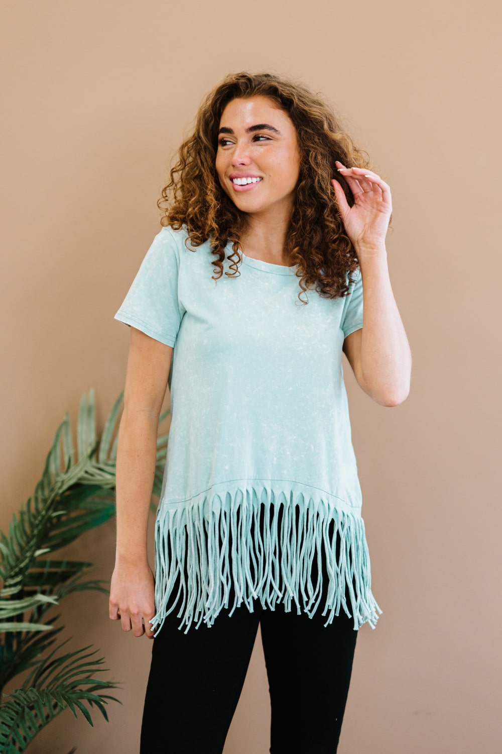 BiBi Empowering Expression Mineral Wash Fringe Tee