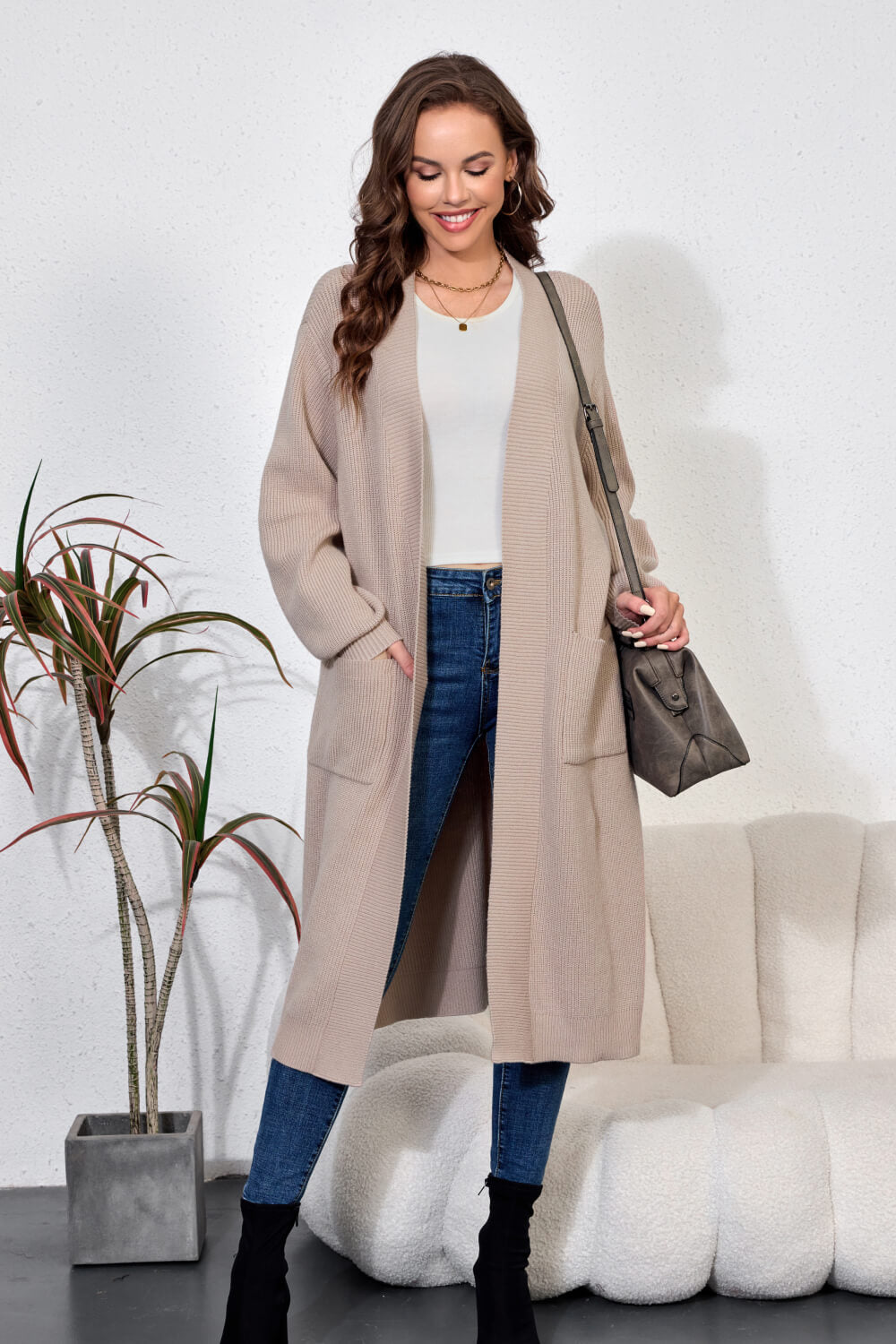 Open Front Duster Cardigan with Double Pockets