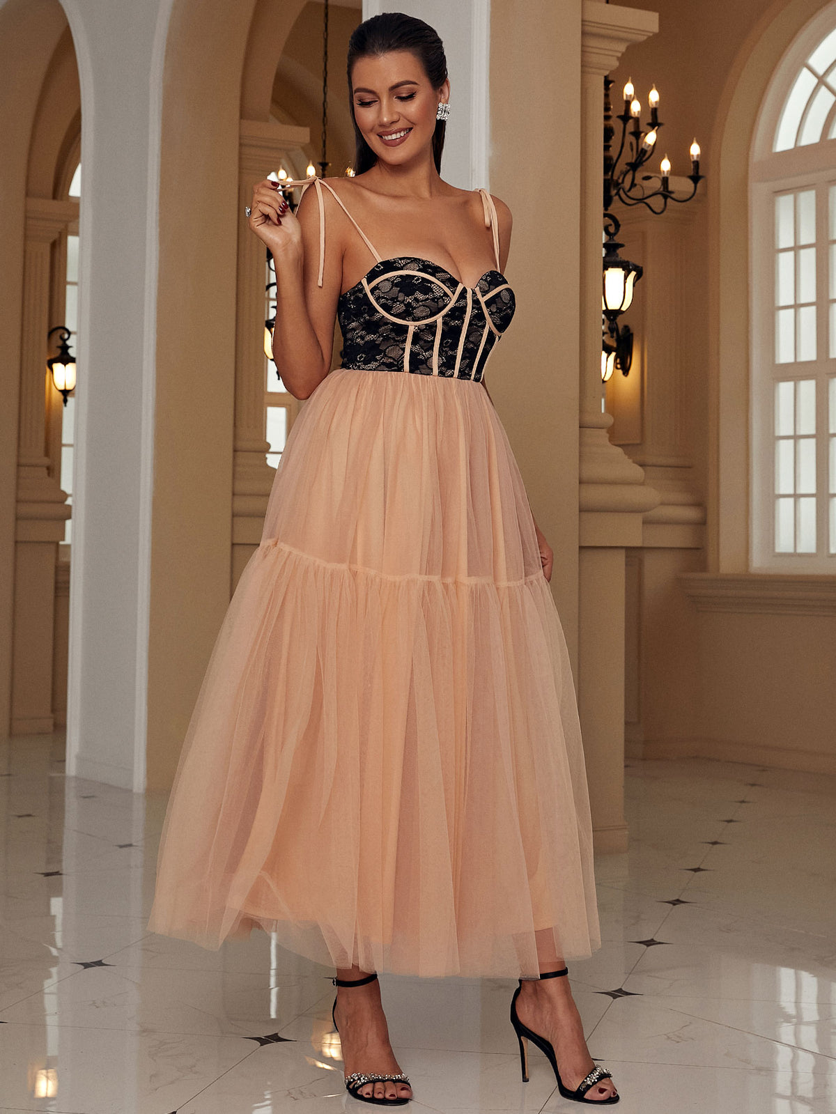 Two-Tone Tie-Shoulder Spliced Tulle Dress