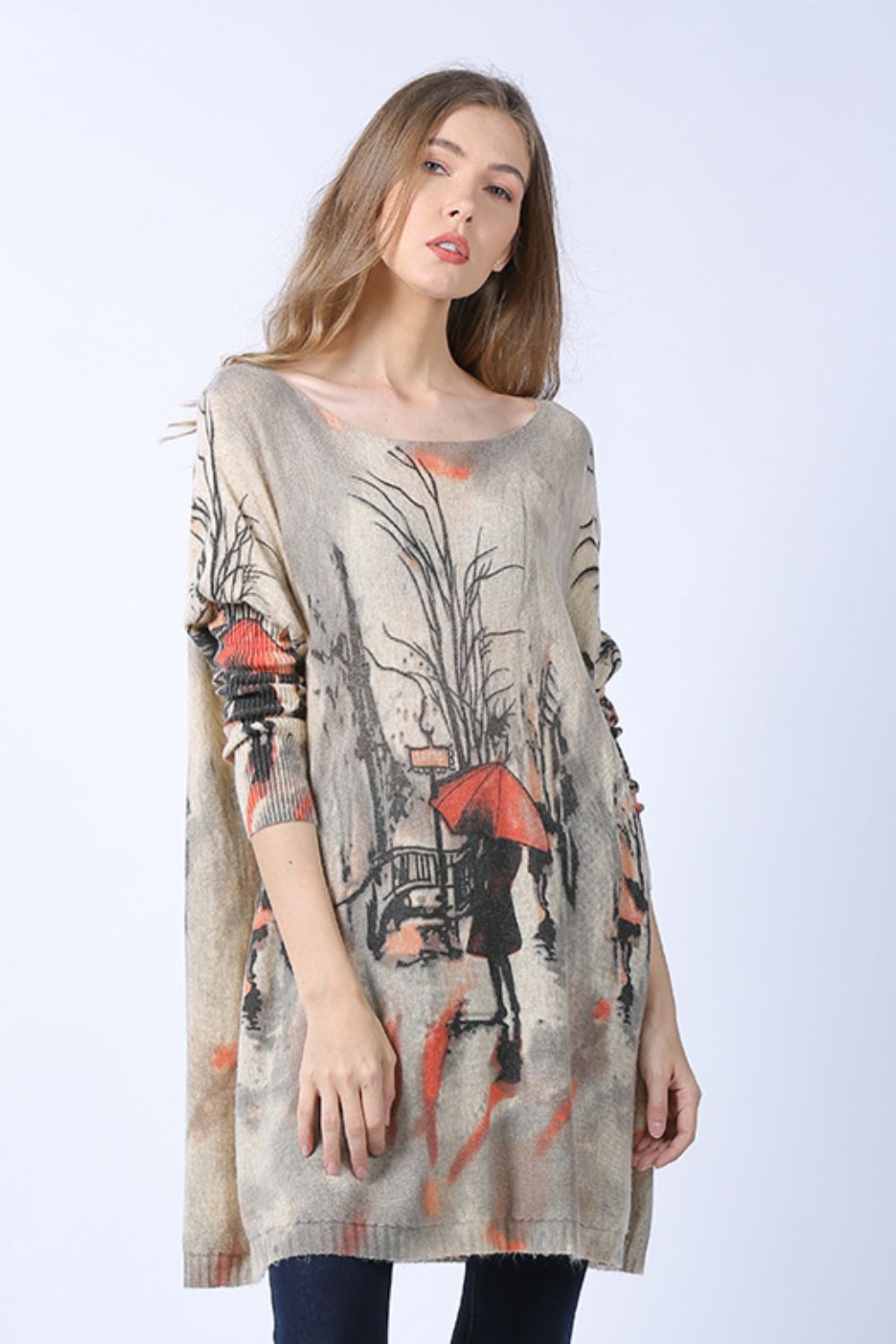 Don't Think Twice Printed Boat Neck Longline Knit Top