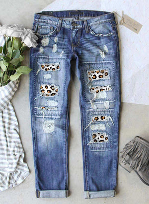 Leopard Patchwork Distressed Jeans with Pockets