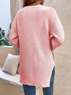 Button-Up Side Slit Drop Shoulder Cardigan