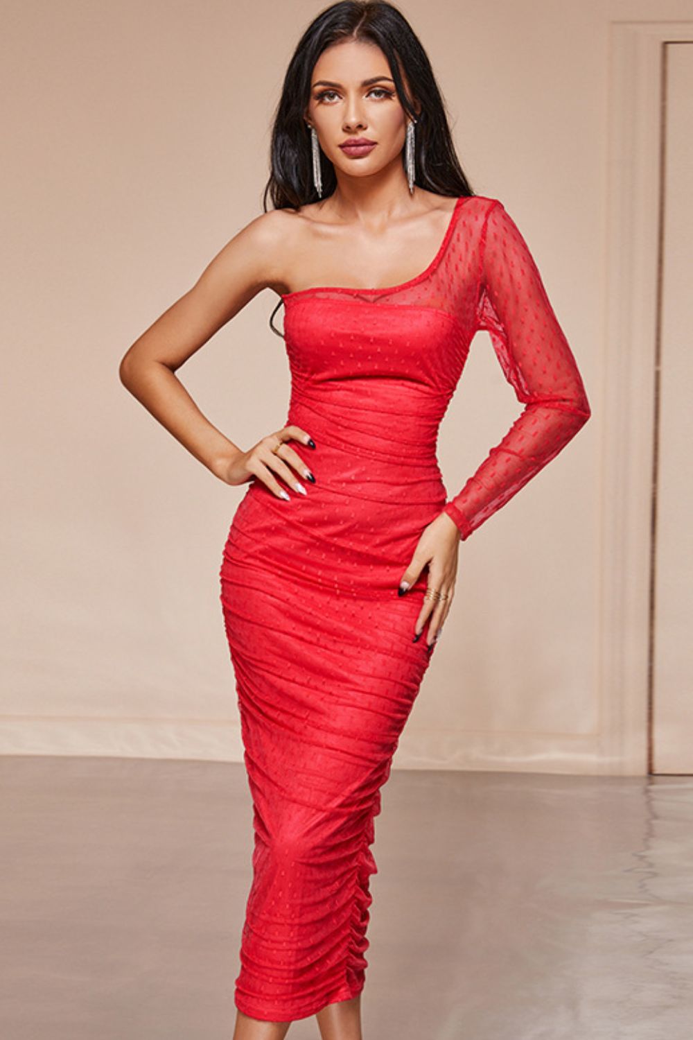 Dotted Ruched One-Shoulder Midi Dress