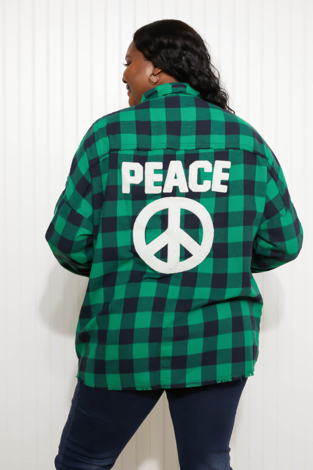 Davi &amp; Dani Peace Sign Full Size Plaid Embroidered Patch Shacket