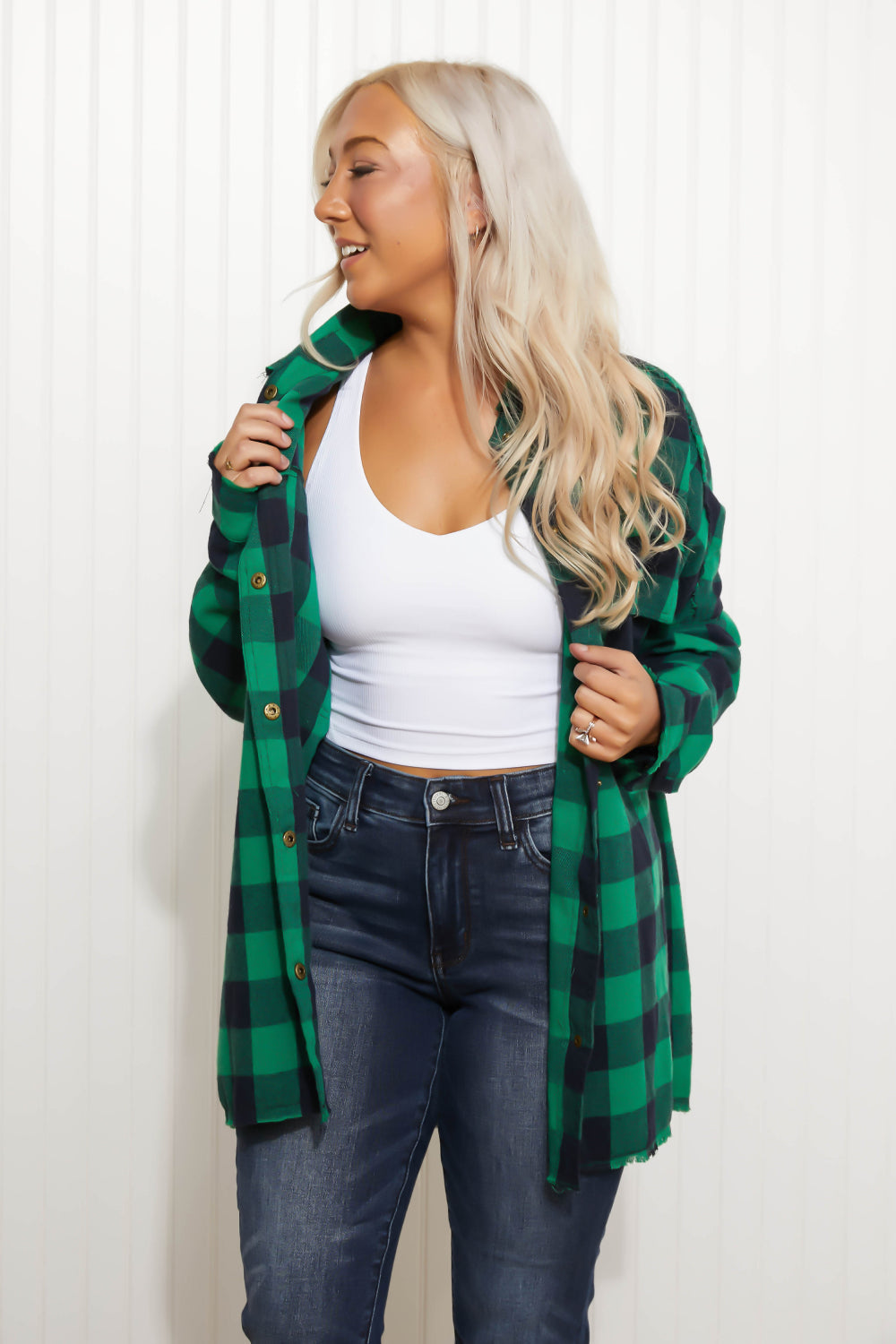 Davi &amp; Dani Peace Sign Full Size Plaid Embroidered Patch Shacket