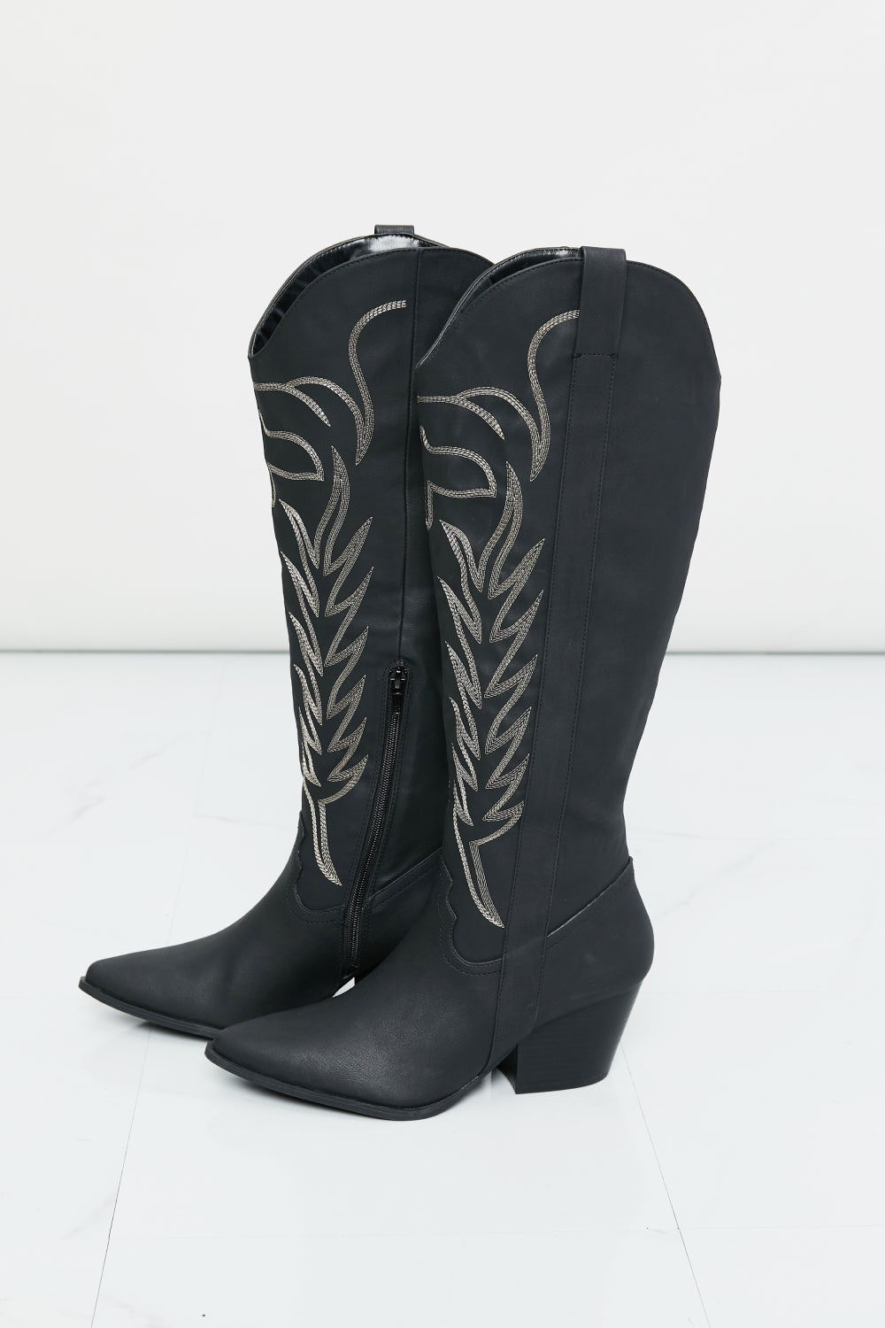 Qupid Cheyenne Nights Embroidered Knee High Cowboy Boots in Black