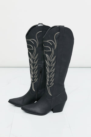 Qupid Cheyenne Nights Embroidered Knee High Cowboy Boots in Black