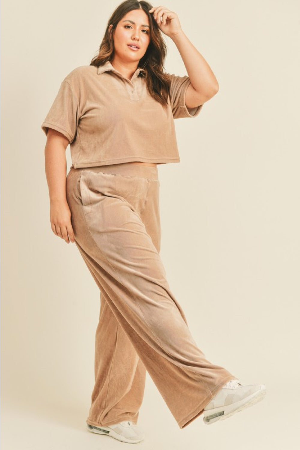 Kimberly C Full Size Cropped Polo Shirt and Wide Leg Pants Set in Taupe