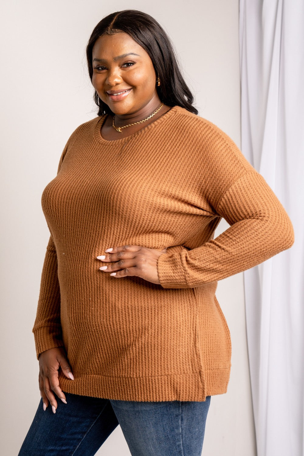 Zenana Full Size Round Neck Waffle-Knit Slit Tunic Sweater