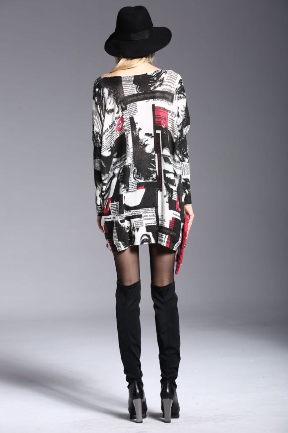 Newspaper Print Boat Neck Long Sleeve Sweater