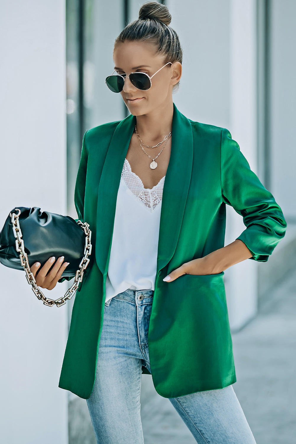 One-Button Gathered Sleeve Shawl Collar Blazer