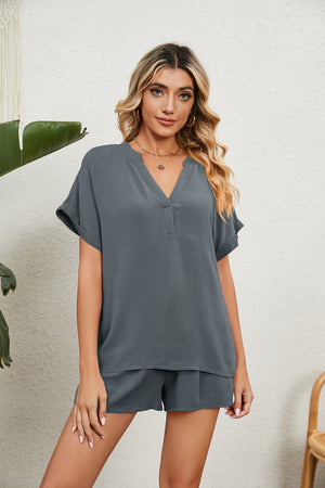 Notched Neck Top and Paperbag Waist Shorts Lounge Set