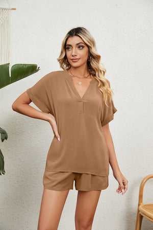 Notched Neck Top and Paperbag Waist Shorts Lounge Set