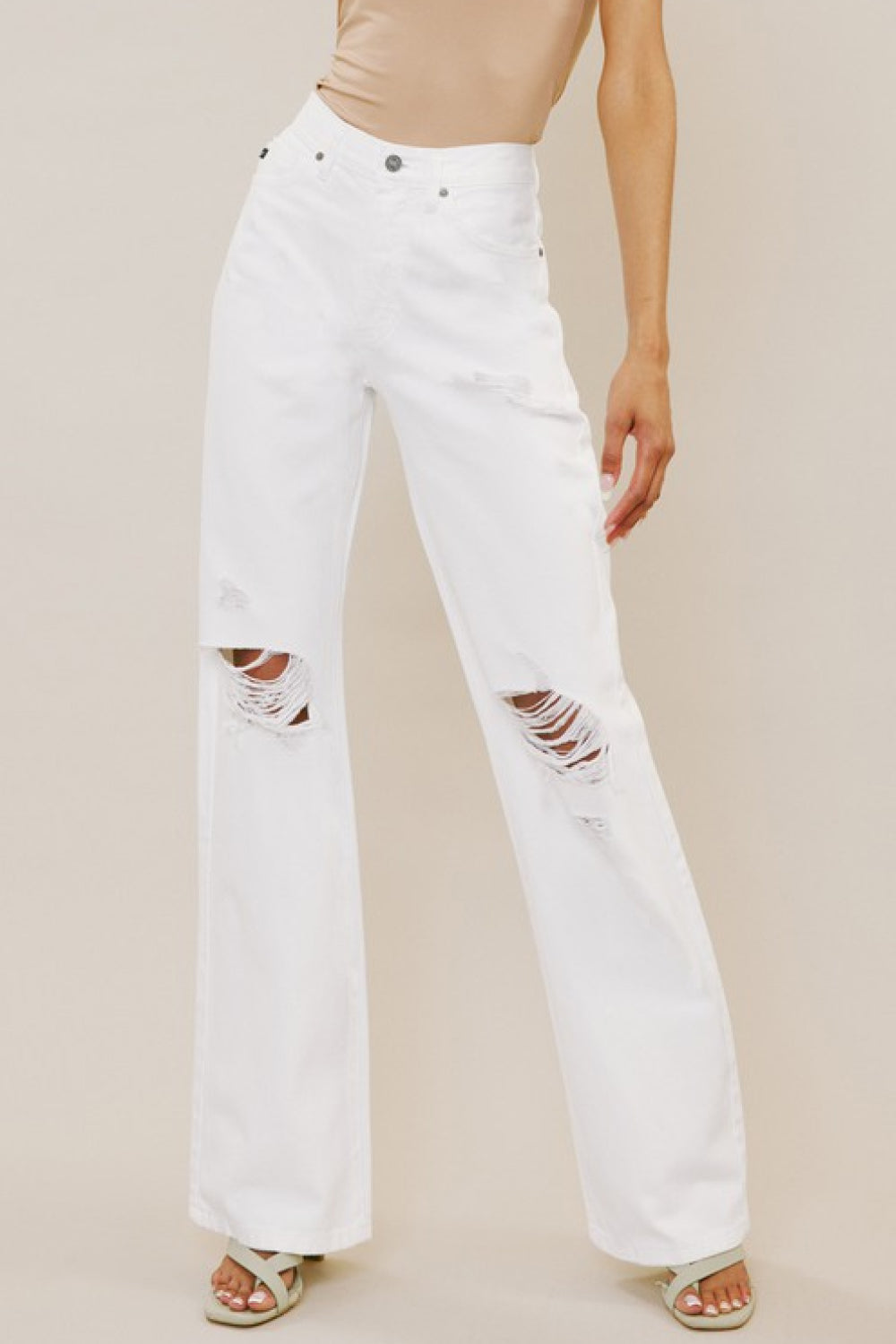 Kancan High-Rise Distressed Flare Jeans in White
