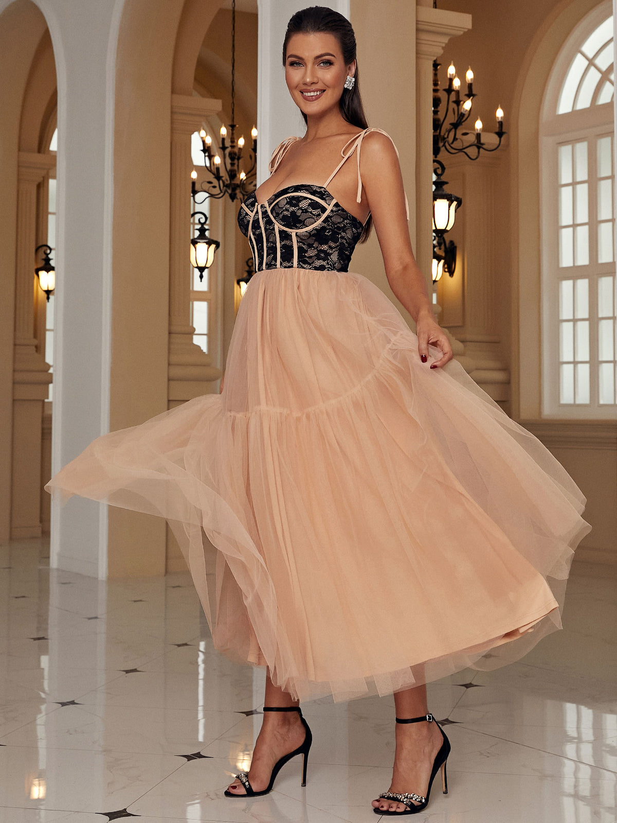 Two-Tone Tie-Shoulder Spliced Tulle Dress