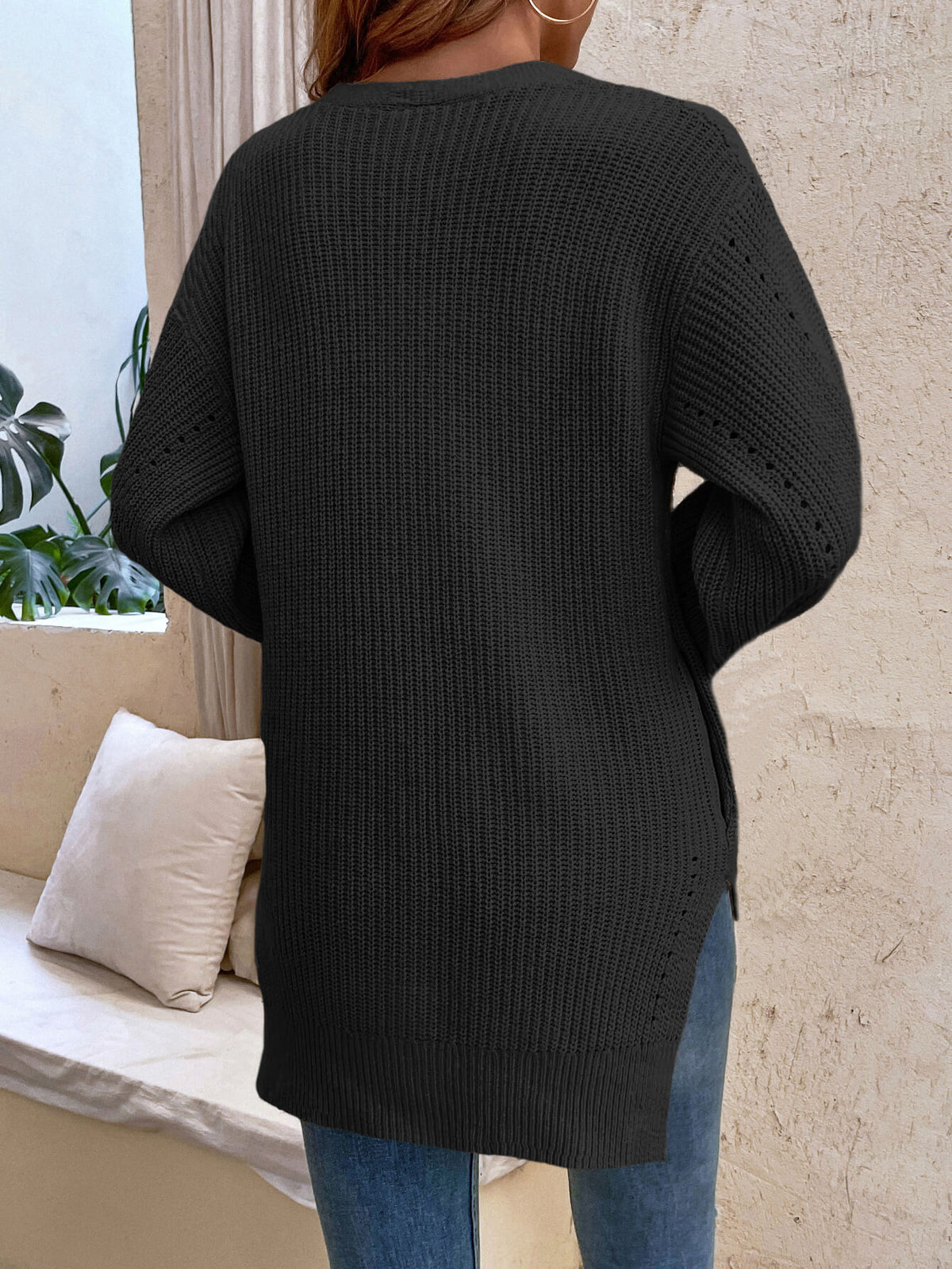 Button-Up Side Slit Drop Shoulder Cardigan