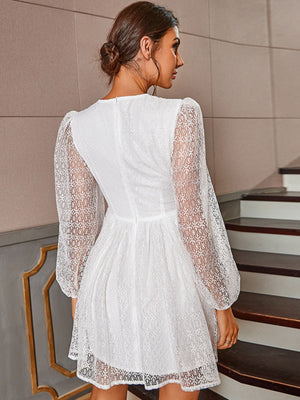 Puff Sleeve Plunge Mini Tulle Dress