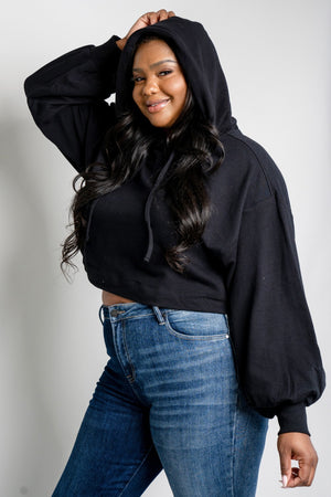 Zenana Full Size Balloon Sleeve Drawstring Detail Cropped Hoodie