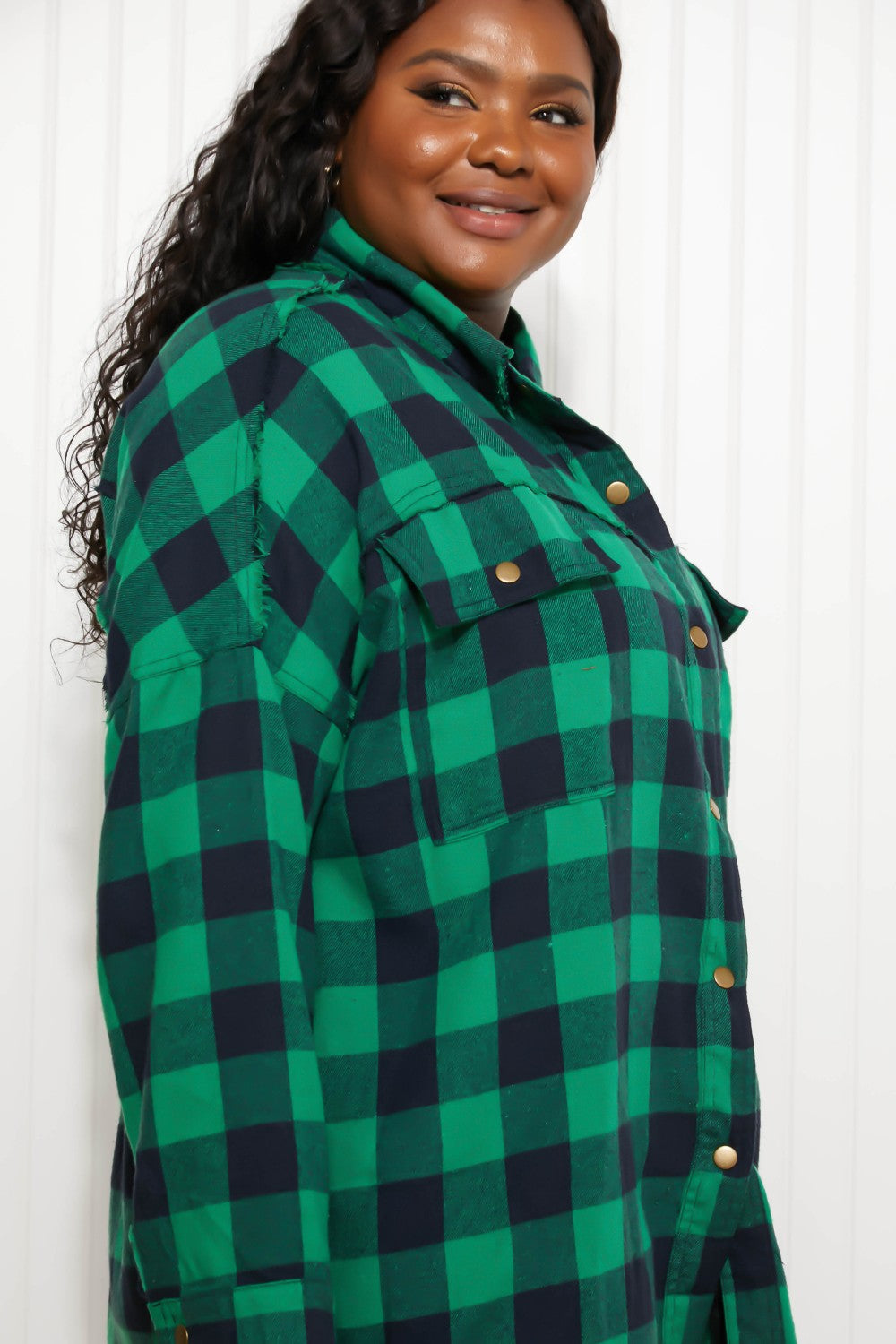 Davi &amp; Dani Peace Sign Full Size Plaid Embroidered Patch Shacket