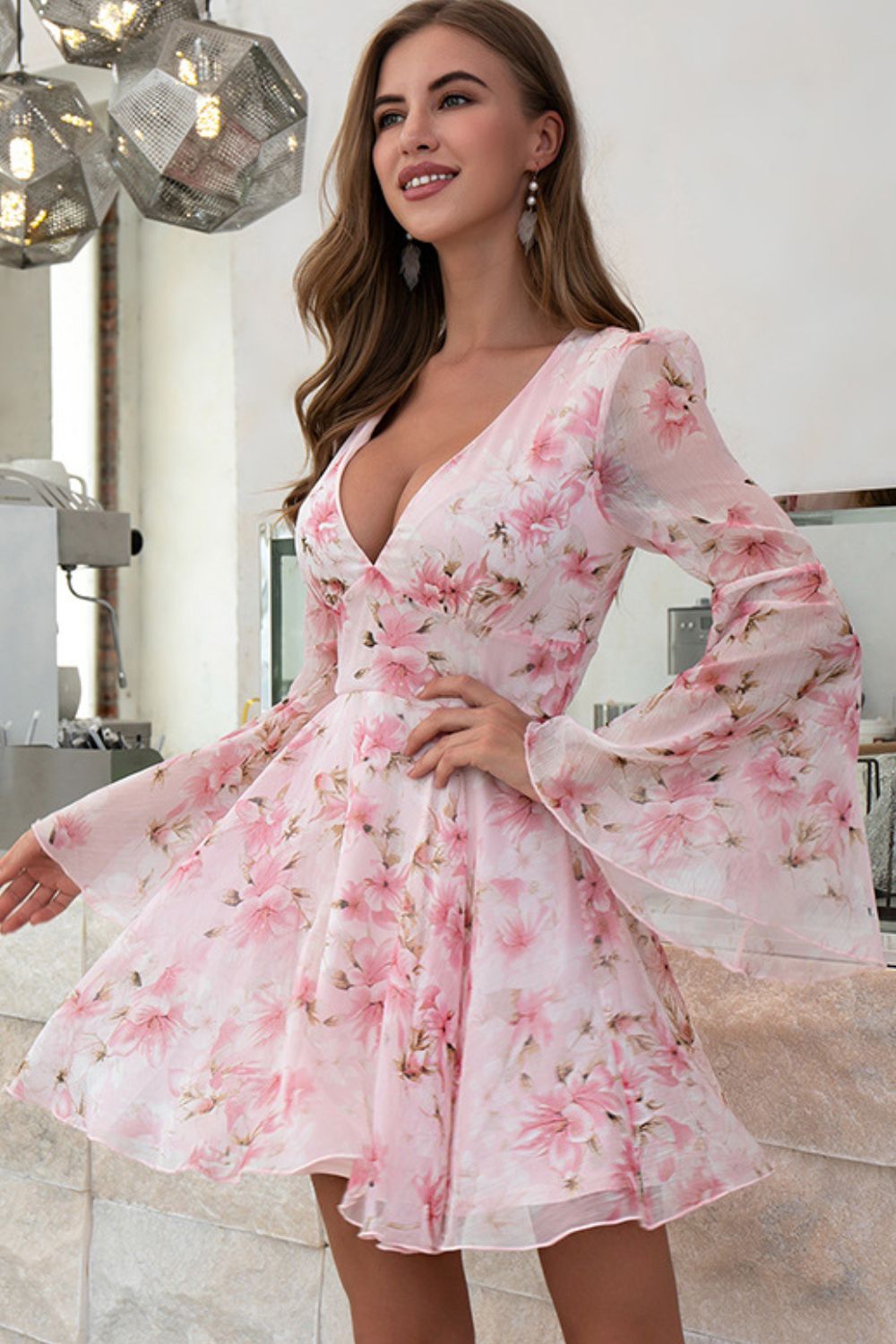 Floral Bell Sleeve Plunge Mini Dress
