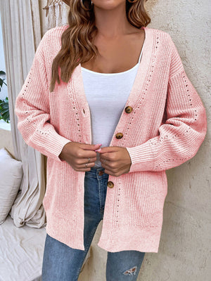 Button-Up Side Slit Drop Shoulder Cardigan