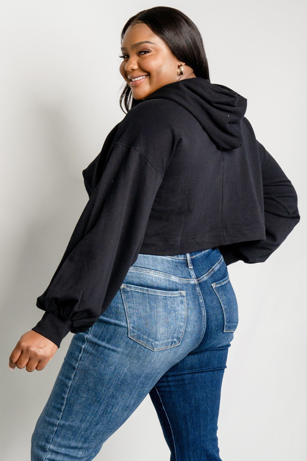 Zenana Full Size Balloon Sleeve Drawstring Detail Cropped Hoodie