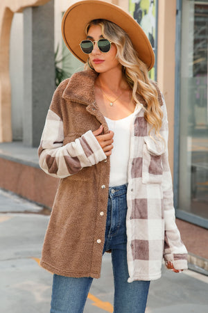 Plaid Contrast Snap Down Teddy Jacket