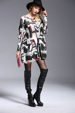 Newspaper Print Boat Neck Long Sleeve Sweater