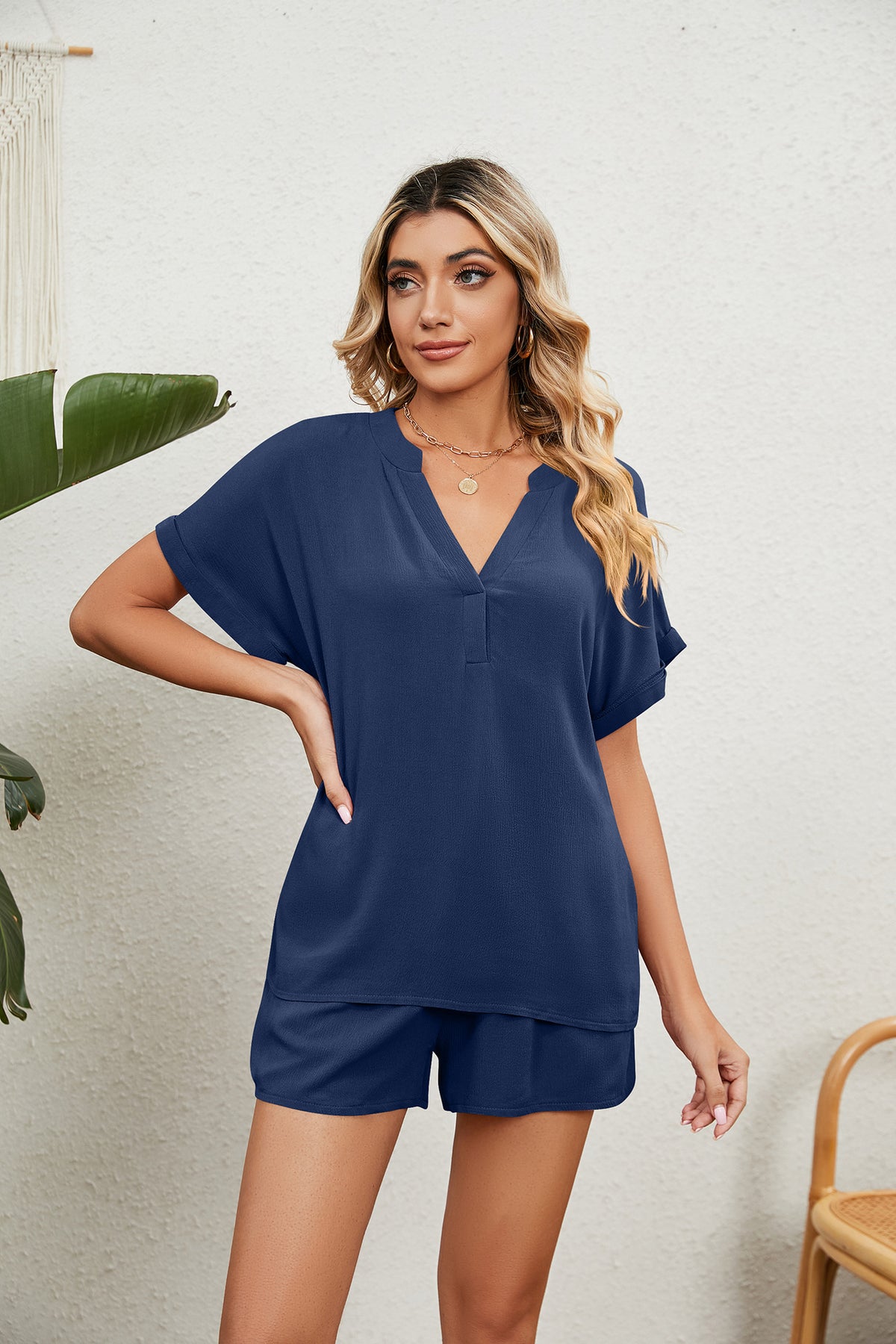 Notched Neck Top and Paperbag Waist Shorts Lounge Set