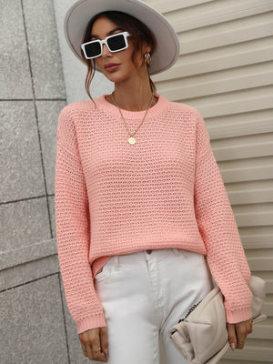 Drop Shoulder Round Neck Ribbed Cuff Sweater