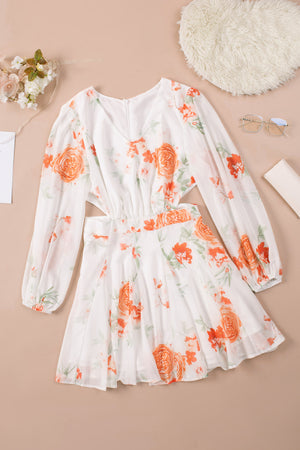 Floral Cutout V-Neck Long Sleeve Dress